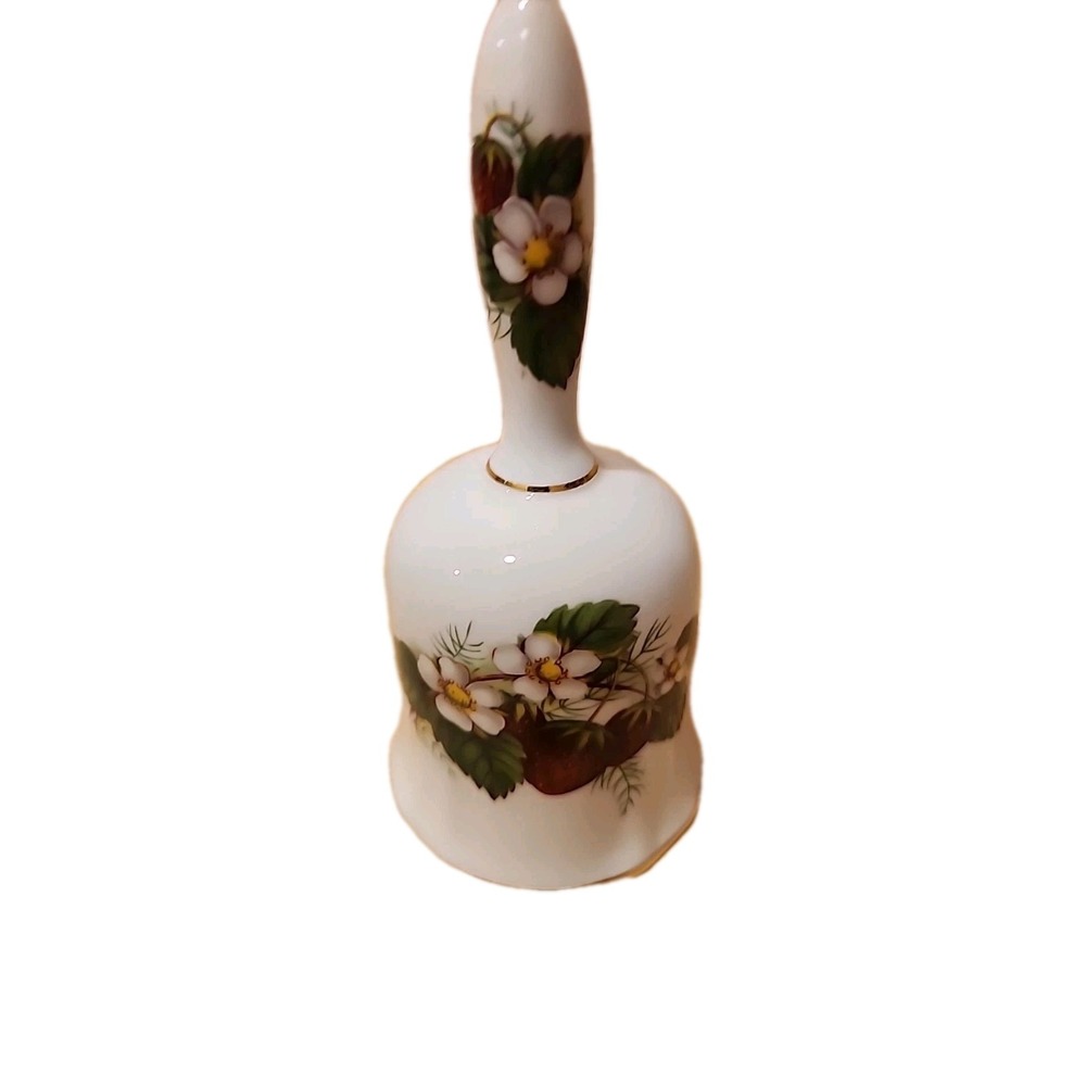 Vintage Porcelain Hand Bell Strawberries Floral‎ Gold Accent Decorative